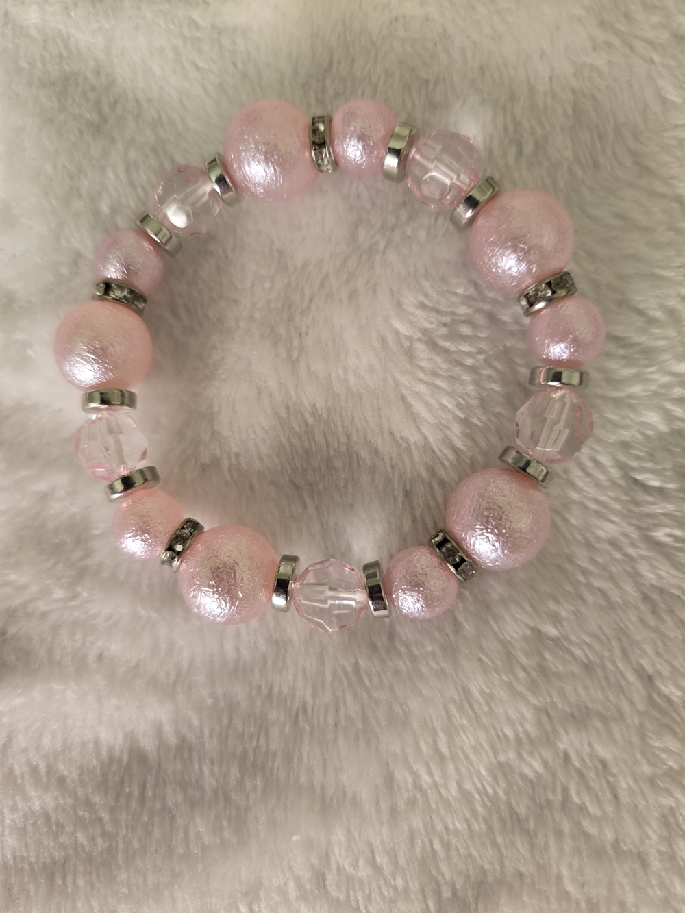 Paparazzi Pink Pearlescent Bead & Crystal Stretch Bracelet Rhinestone Spacers